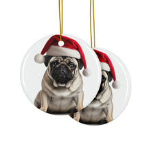 DistinctInk Hanging Ceramic Christmas Tree Ornament with Gold String - Great Gift/Present - 2 3/4 inch Diameter - Pug Design