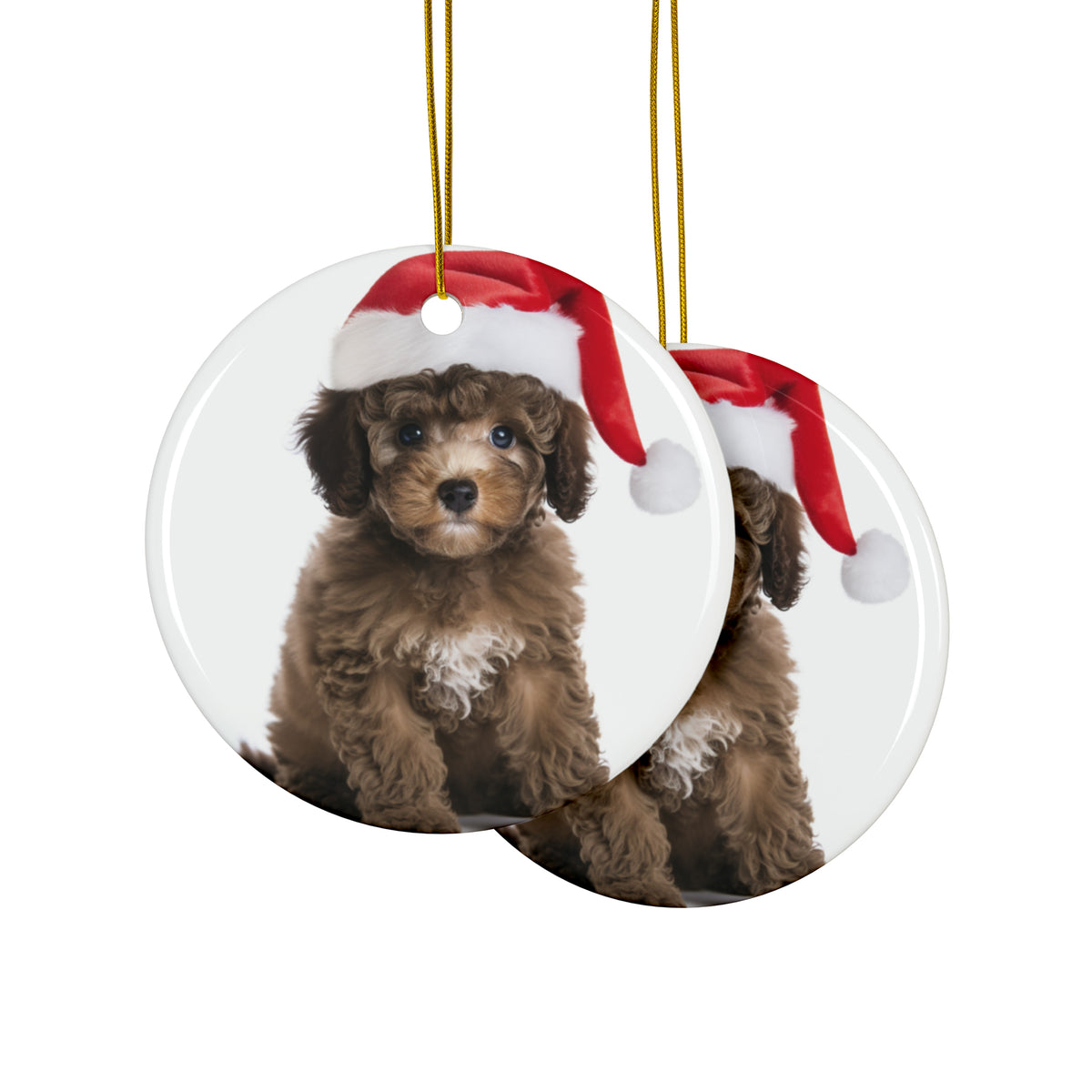 Hanging Ceramic Christmas Tree Ornament with Gold String - Poodle Puppy Design, view 2