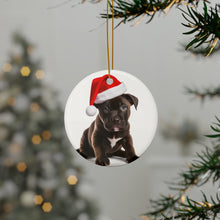 DistinctInk Hanging Ceramic Christmas Tree Ornament with Gold String - Great Gift/Present - 2 3/4 inch Diameter - Staffordshire Bull Terrier Puppy Design