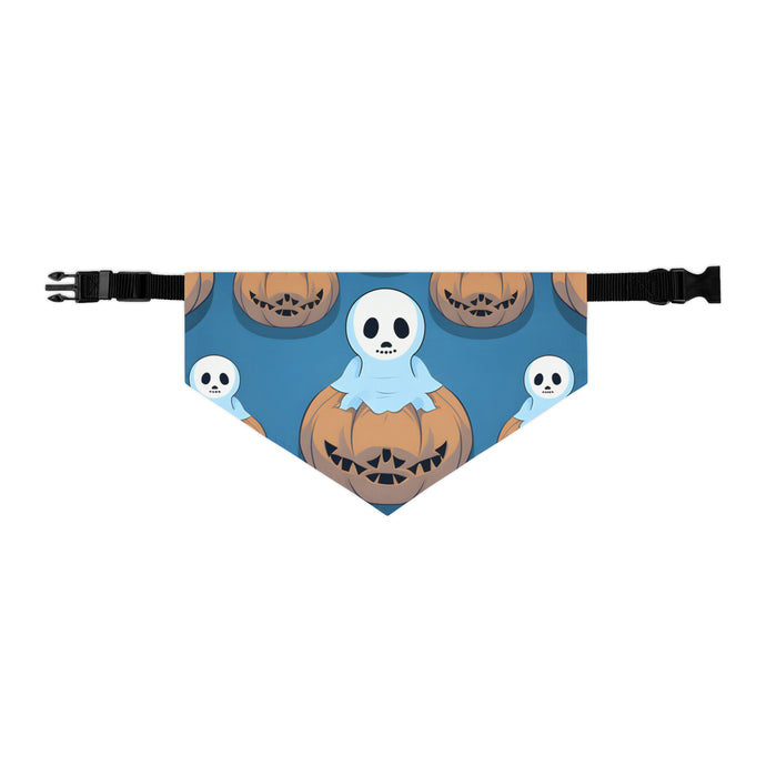 DistinctInk Adjustable Pet Banana Collar with Ghost Skeleton Pumpkin Pattern Design for Halloween