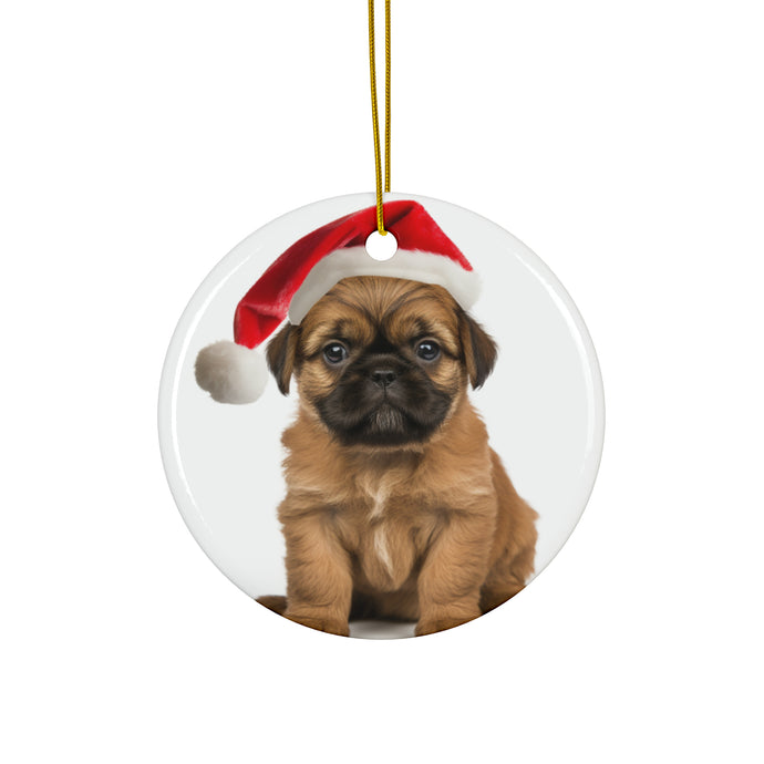 DistinctInk Hanging Ceramic Christmas Tree Ornament with Gold String - Great Gift/Present - 2 3/4 inch Diameter - Brussel Griffon Puppy Design