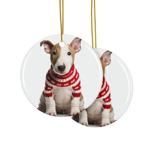 DistinctInk Hanging Ceramic Christmas Tree Ornament with Gold String - Great Gift/Present - 2 3/4 inch Diameter - Bull Terrier Puppy Design