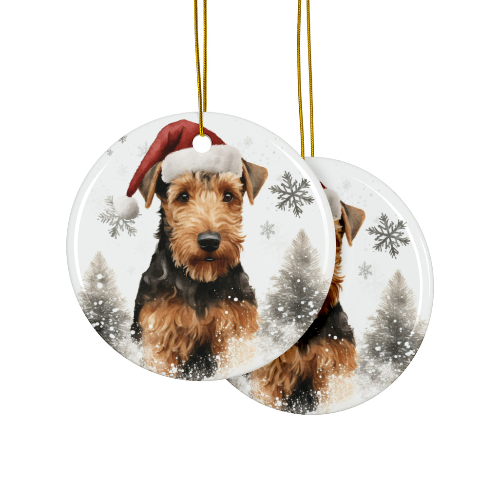 Hanging Ceramic Christmas Tree Ornament with Gold String - Welsh Terrier Design, view 2