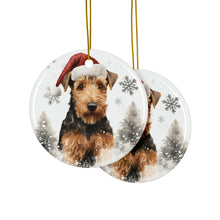 DistinctInk Hanging Ceramic Christmas Tree Ornament with Gold String - Great Gift/Present - 2 3/4 inch Diameter - Welsh Terrier Design