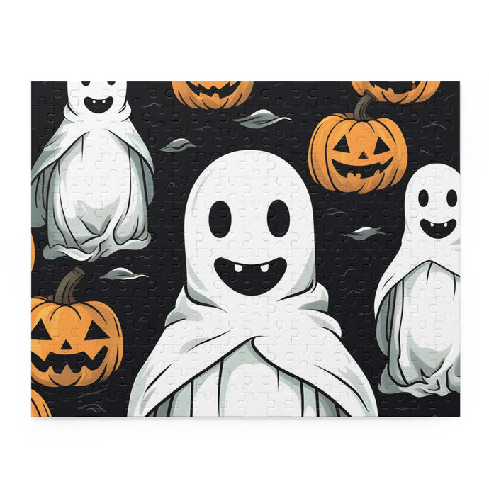 DistinctInk Jigsaw Puzzle with Skelepumpkin Ghostpattern Design for Halloween