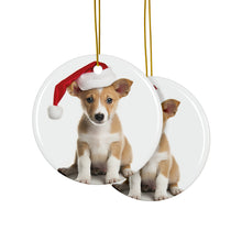 DistinctInk Hanging Ceramic Christmas Tree Ornament with Gold String - Great Gift/Present - 2 3/4 inch Diameter - Portuguese Podengo Pequeno Puppy Design