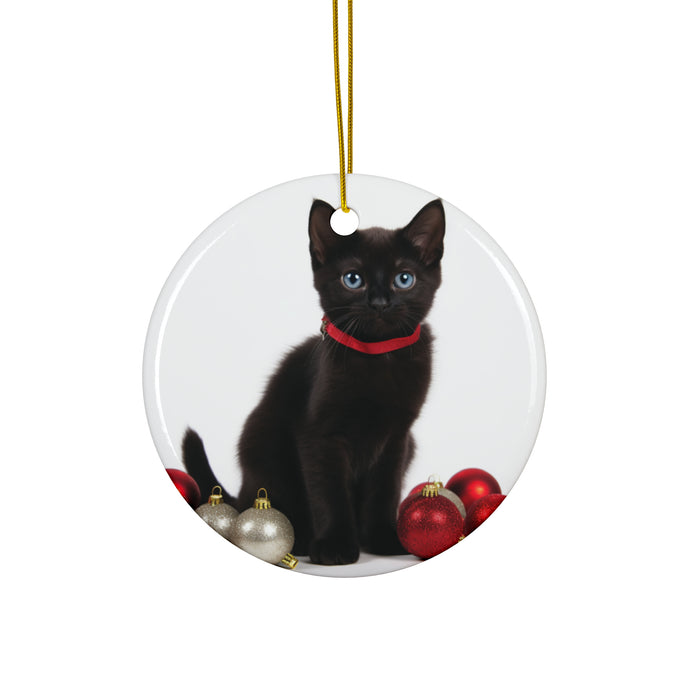 DistinctInk Hanging Ceramic Christmas Tree Ornament with Gold String - Great Gift/Present - 2 3/4 inch Diameter - Bombay Kitten Design