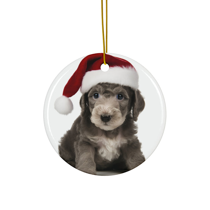 DistinctInk Hanging Ceramic Christmas Tree Ornament with Gold String - Great Gift/Present - 2 3/4 inch Diameter - Bedlington Terrier Puppy Design