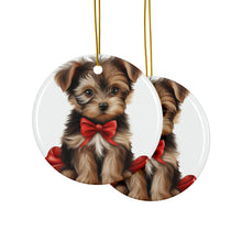 DistinctInk Hanging Ceramic Christmas Tree Ornament with Gold String - Great Gift/Present - 2 3/4 inch Diameter - Yorkshire Terrier Puppy Drawing Design
