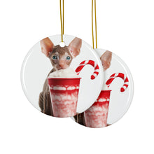 DistinctInk Hanging Ceramic Christmas Tree Ornament with Gold String - Great Gift/Present - 2 3/4 inch Diameter - Cornish Rex Kitten Design