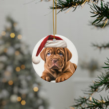 DistinctInk Hanging Ceramic Christmas Tree Ornament with Gold String - Great Gift/Present - 2 3/4 inch Diameter - Dogue de Bordeaux Puppy Drawing Design