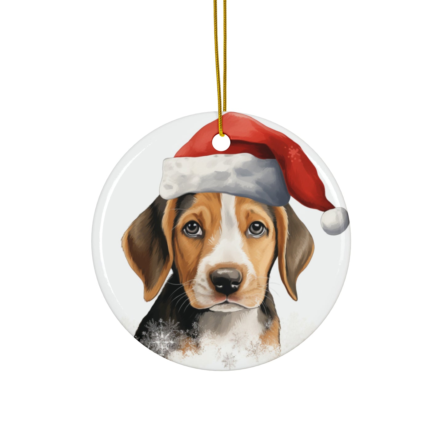 DistinctInk Hanging Ceramic Christmas Tree Ornament with Gold String - Great Gift/Present - 2 3/4 inch Diameter - American Foxhound Puppy Drawing Design