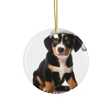 DistinctInk Hanging Ceramic Christmas Tree Ornament with Gold String - Great Gift/Present - 2 3/4 inch Diameter - Entlebucher Mountain Dog Puppy Design