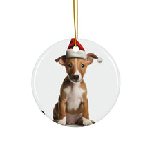 DistinctInk Hanging Ceramic Christmas Tree Ornament with Gold String - Great Gift/Present - 2 3/4 inch Diameter - Ibizan Hound Puppy Design