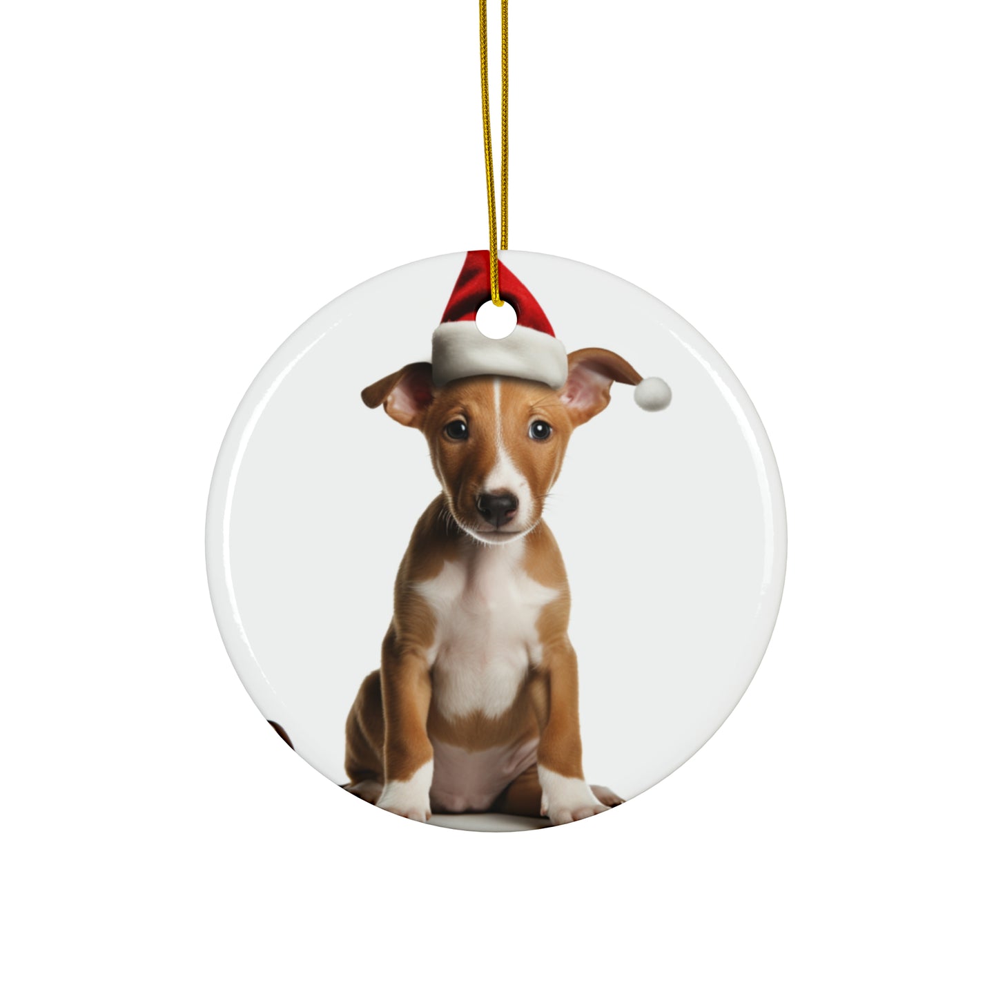 DistinctInk Hanging Ceramic Christmas Tree Ornament with Gold String - Great Gift/Present - 2 3/4 inch Diameter - Ibizan Hound Puppy Design