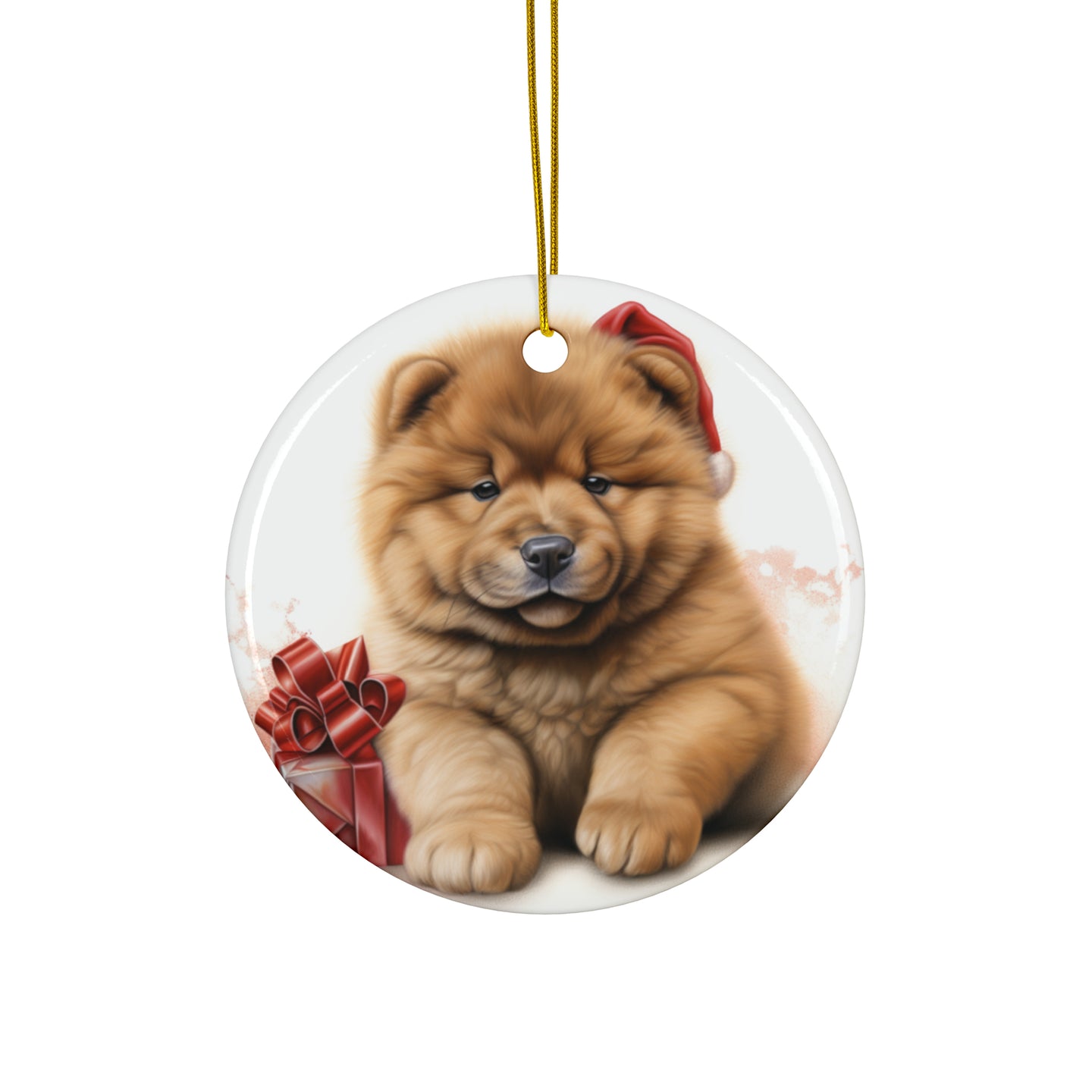 DistinctInk Hanging Ceramic Christmas Tree Ornament with Gold String - Great Gift/Present - 2 3/4 inch Diameter - Chow Chow Puppy Drawing Design