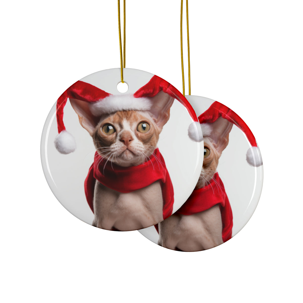 Hanging Ceramic Christmas Tree Ornament with Gold String - Devon Rex Cat Design, view 2