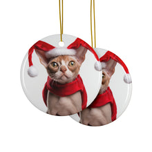 DistinctInk Hanging Ceramic Christmas Tree Ornament with Gold String - Great Gift/Present - 2 3/4 inch Diameter - Devon Rex Cat Design