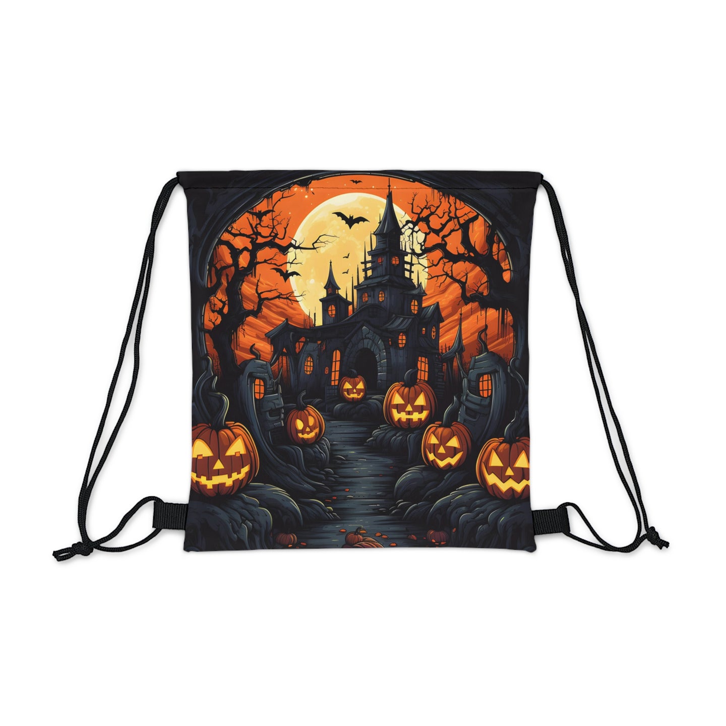 DistinctInk Drawstring Bag Backpack with Darkness Falls on Halloween Design for Halloween