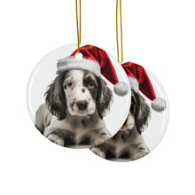 DistinctInk Hanging Ceramic Christmas Tree Ornament with Gold String - Great Gift/Present - 2 3/4 inch Diameter - English Setter Puppy Design