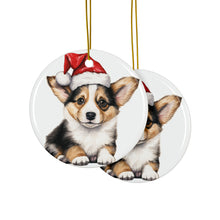 DistinctInk Hanging Ceramic Christmas Tree Ornament with Gold String - Great Gift/Present - 2 3/4 inch Diameter - Pembroke Welsh Corgi Puppy Drawing Design