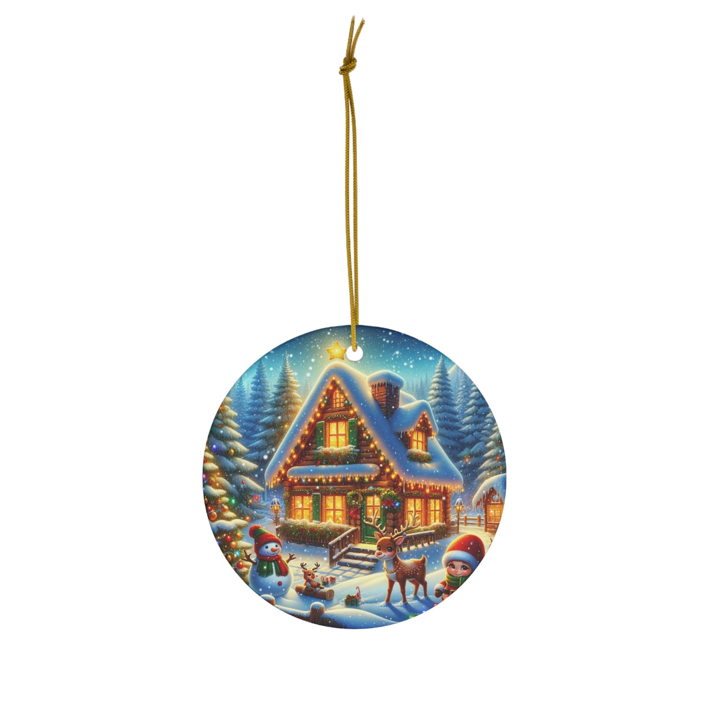 DistinctInk Hanging Ceramic Christmas Tree Ornament Charm with Gold String - Great Gift/Present - 2 3/4 inch Diameter - Enchanted Winter Cottage