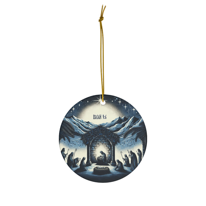 DistinctInk Hanging Ceramic Christmas Tree Ornament Charm with Gold String - Great Gift/Present - 2 3/4 inch Diameter - Isaiah 9:6 - Child is Born, Prince of Peace