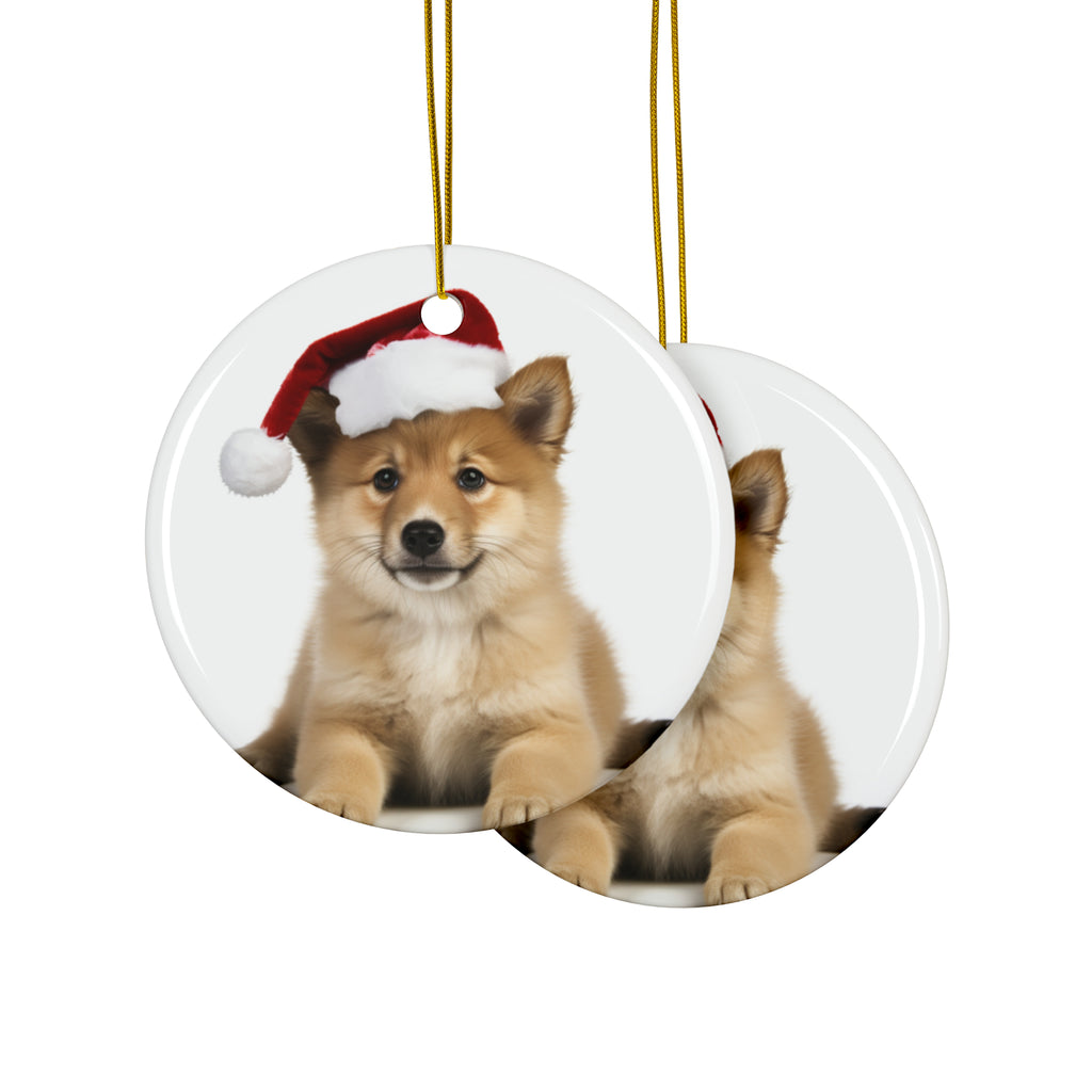 Hanging Ceramic Christmas Tree Ornament with Gold String - Icelandic Sheepdog Puppy Design, view 2