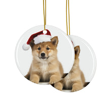 DistinctInk Hanging Ceramic Christmas Tree Ornament with Gold String - Great Gift/Present - 2 3/4 inch Diameter - Icelandic Sheepdog Puppy Design
