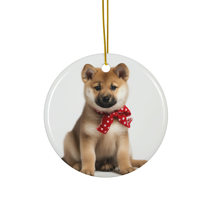 DistinctInk Hanging Ceramic Christmas Tree Ornament with Gold String - Great Gift/Present - 2 3/4 inch Diameter - Norwegian Buhund Puppy Design