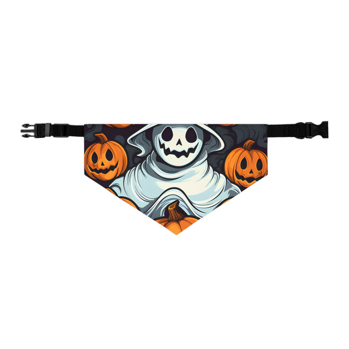 DistinctInk Adjustable Pet Banana Collar with Spooky Skeletal Pumpkin Patch Design for Halloween