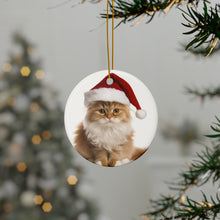 DistinctInk Hanging Ceramic Christmas Tree Ornament with Gold String - Great Gift/Present - 2 3/4 inch Diameter - Ragamuffin Cat Design