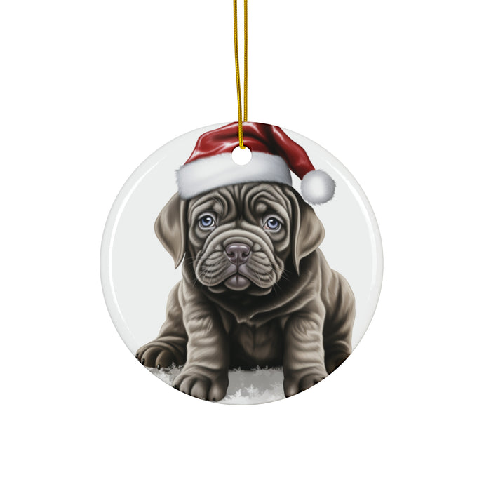 DistinctInk Hanging Ceramic Christmas Tree Ornament with Gold String - Great Gift/Present - 2 3/4 inch Diameter - Neapolitan Mastiff Puppy Drawing Design