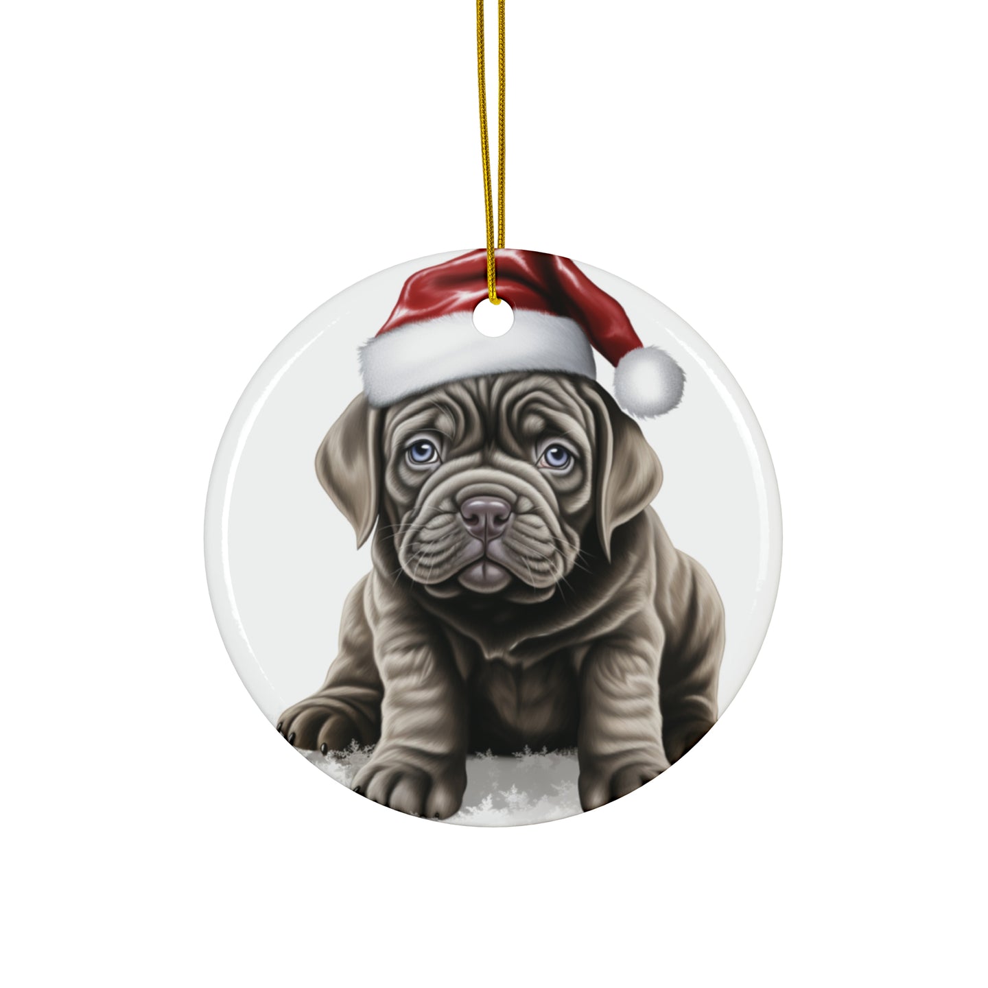 DistinctInk Hanging Ceramic Christmas Tree Ornament with Gold String - Great Gift/Present - 2 3/4 inch Diameter - Neapolitan Mastiff Puppy Drawing Design