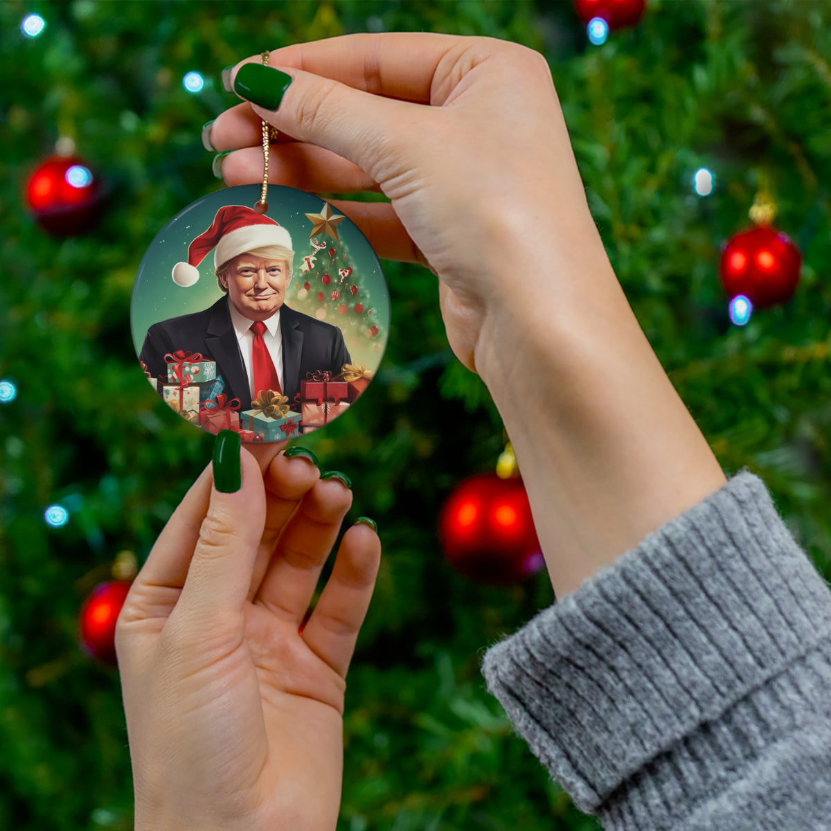 DistinctInk Hanging Ceramic Christmas Tree Ornament Charm with Gold String - Great Gift/Present - 2 3/4 inch Diameter - Trump's Festive Christmas Gifts