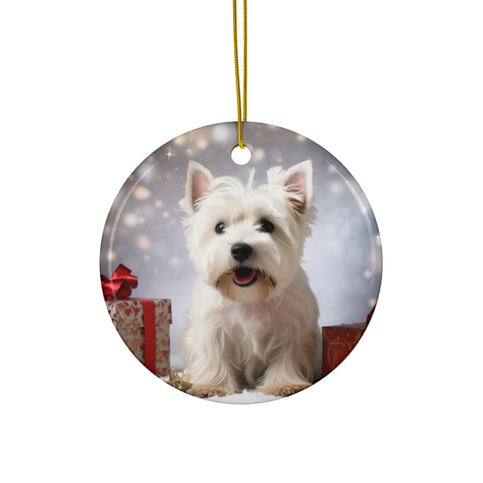 DistinctInk Hanging Ceramic Christmas Tree Ornament with Gold String - Great Gift/Present - 2 3/4 inch Diameter - West Highland White Terrier Design