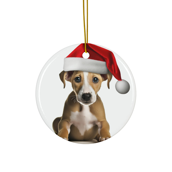 DistinctInk Hanging Ceramic Christmas Tree Ornament with Gold String - Great Gift/Present - 2 3/4 inch Diameter - Whippet Puppy Design