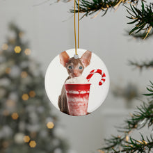 DistinctInk Hanging Ceramic Christmas Tree Ornament with Gold String - Great Gift/Present - 2 3/4 inch Diameter - Cornish Rex Kitten Design