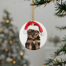 DistinctInk Hanging Ceramic Christmas Tree Ornament with Gold String - Great Gift/Present - 2 3/4 inch Diameter - Yorkshire Terrier Puppy Design