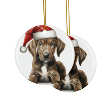 DistinctInk Hanging Ceramic Christmas Tree Ornament with Gold String - Great Gift/Present - 2 3/4 inch Diameter - Plott Hound Puppy Drawing Design