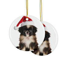 DistinctInk Hanging Ceramic Christmas Tree Ornament with Gold String - Great Gift/Present - 2 3/4 inch Diameter - Japanese Chin Puppy Design