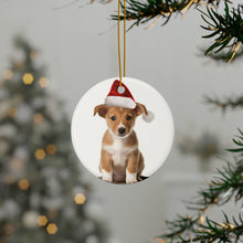 DistinctInk Hanging Ceramic Christmas Tree Ornament with Gold String - Great Gift/Present - 2 3/4 inch Diameter - Portuguese Podengo Pequeno Puppy Design