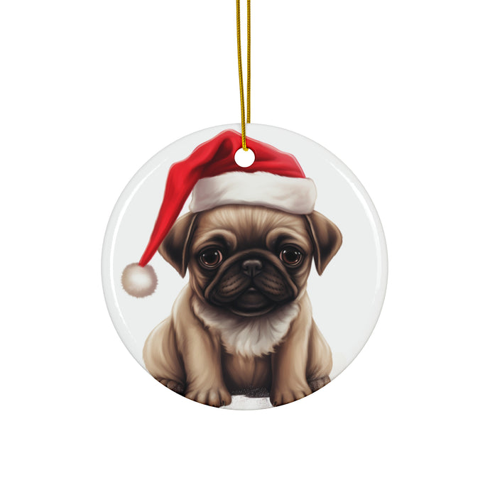 DistinctInk Hanging Ceramic Christmas Tree Ornament with Gold String - Great Gift/Present - 2 3/4 inch Diameter - Pug Puppy Drawing Design