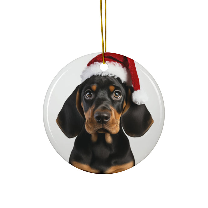 DistinctInk Hanging Ceramic Christmas Tree Ornament with Gold String - Great Gift/Present - 2 3/4 inch Diameter - Black and Tan Coonhound Puppy Design