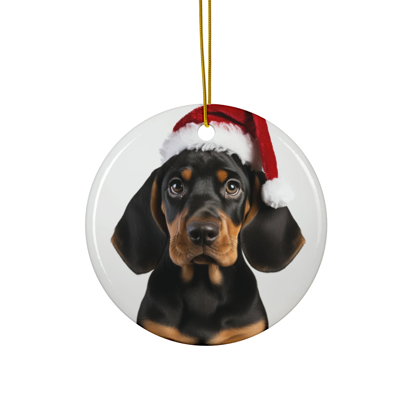 DistinctInk Hanging Ceramic Christmas Tree Ornament with Gold String - Great Gift/Present - 2 3/4 inch Diameter - Black and Tan Coonhound Puppy Design