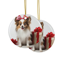 DistinctInk Hanging Ceramic Christmas Tree Ornament with Gold String - Great Gift/Present - 2 3/4 inch Diameter - Papillon Puppy Design