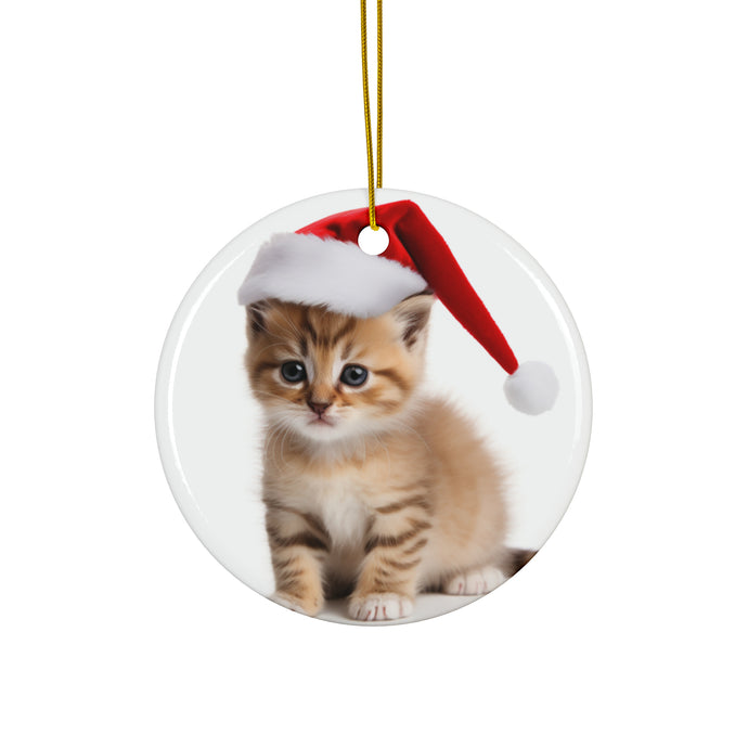 DistinctInk Hanging Ceramic Christmas Tree Ornament with Gold String - Great Gift/Present - 2 3/4 inch Diameter - Serengeti Kitten Design