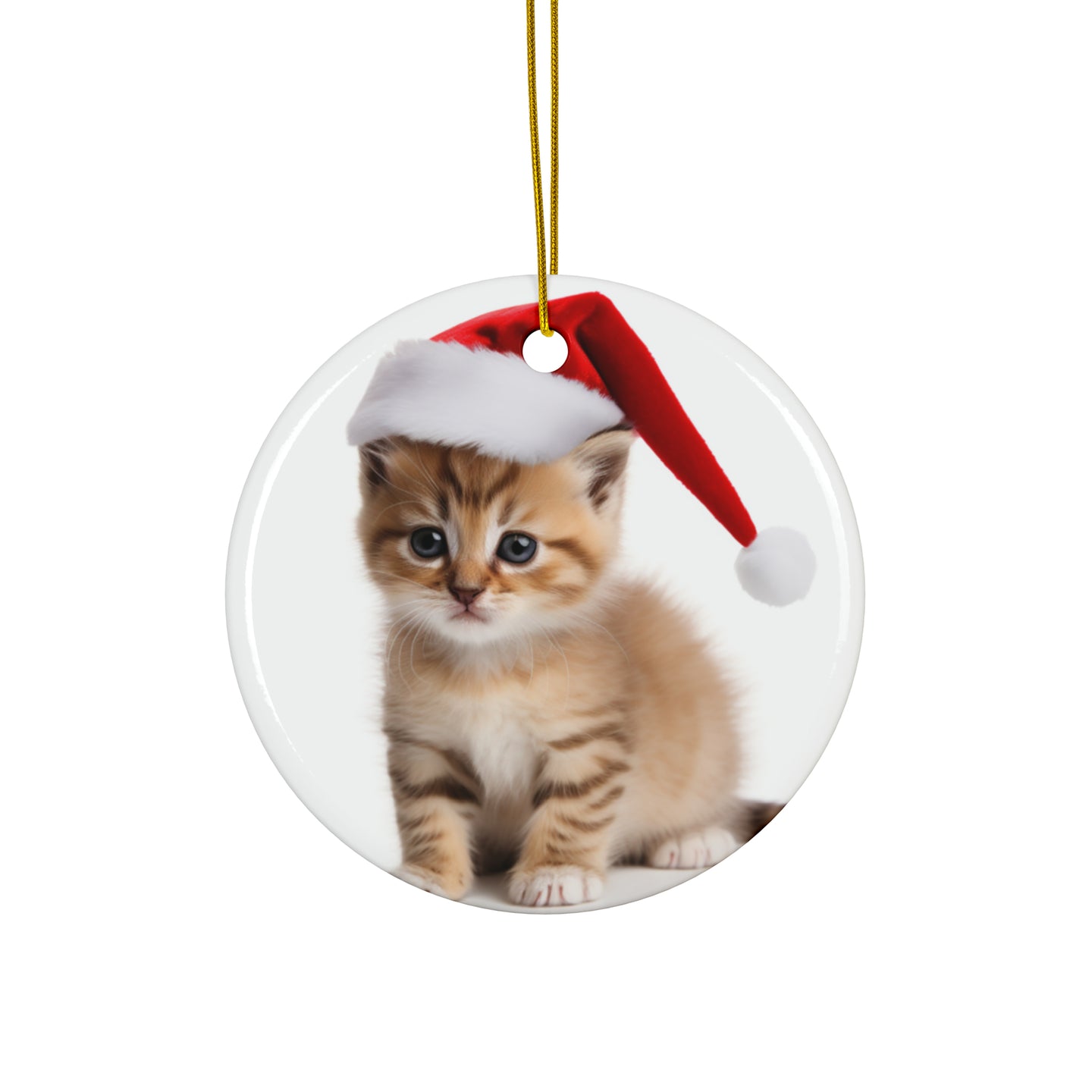DistinctInk Hanging Ceramic Christmas Tree Ornament with Gold String - Great Gift/Present - 2 3/4 inch Diameter - Serengeti Kitten Design