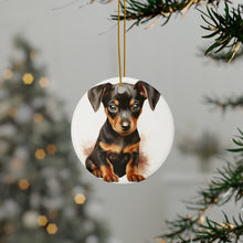DistinctInk Hanging Ceramic Christmas Tree Ornament with Gold String - Great Gift/Present - 2 3/4 inch Diameter - German Pinscher Puppy Drawing Design