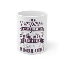 DistinctInk Glossy White Coffee / Tea Mug - Tent Pitchin Weiner Roastin S'More Camping Girl